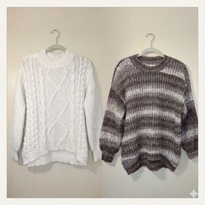 SO Chunky Crewneck Sweater Lot Sz Large Brown Bell Sleeve White Cableknit